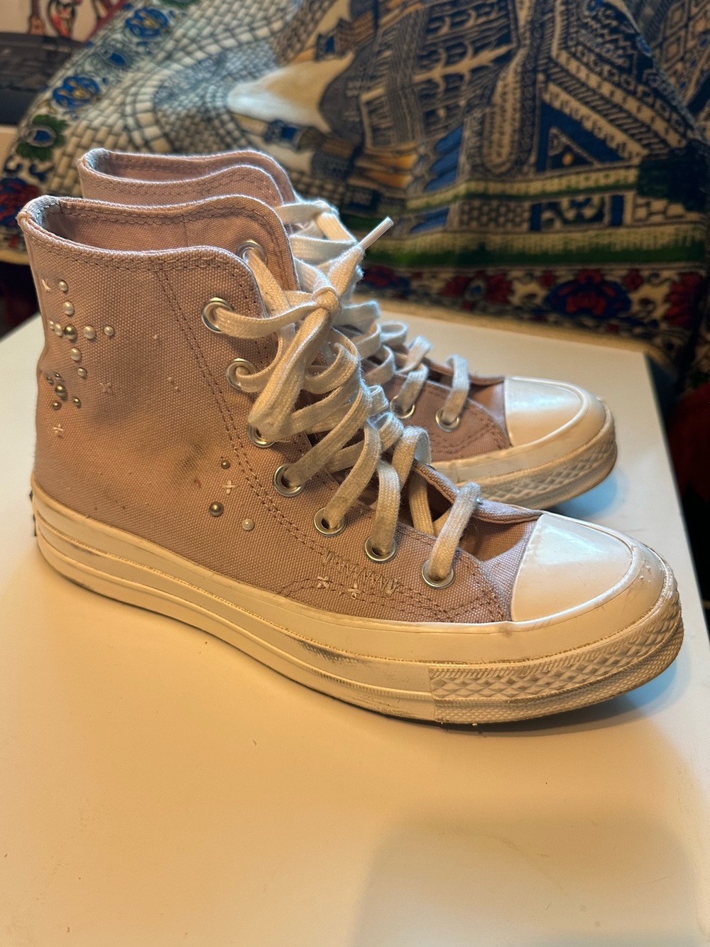 Converse All Star Chuck Taylor High Top Sneakers in Light Pink w/ Pearls Studs